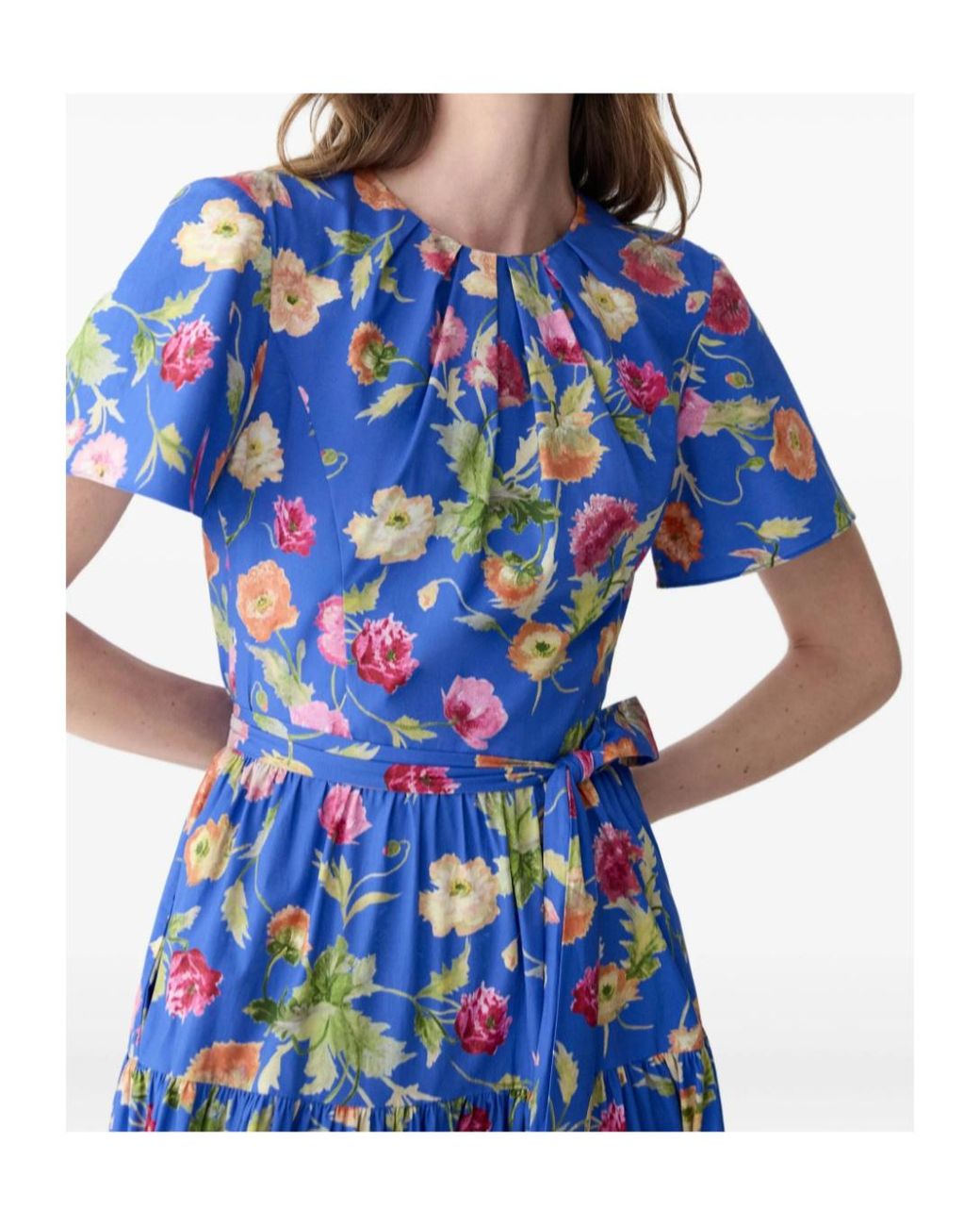 Carolina Herrera Blue Poppy-Print Tiered Midi Dress With Sash