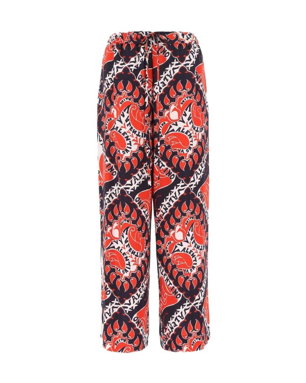 Valentino Red Logo Printed Drawstring Wide Leg Trousers