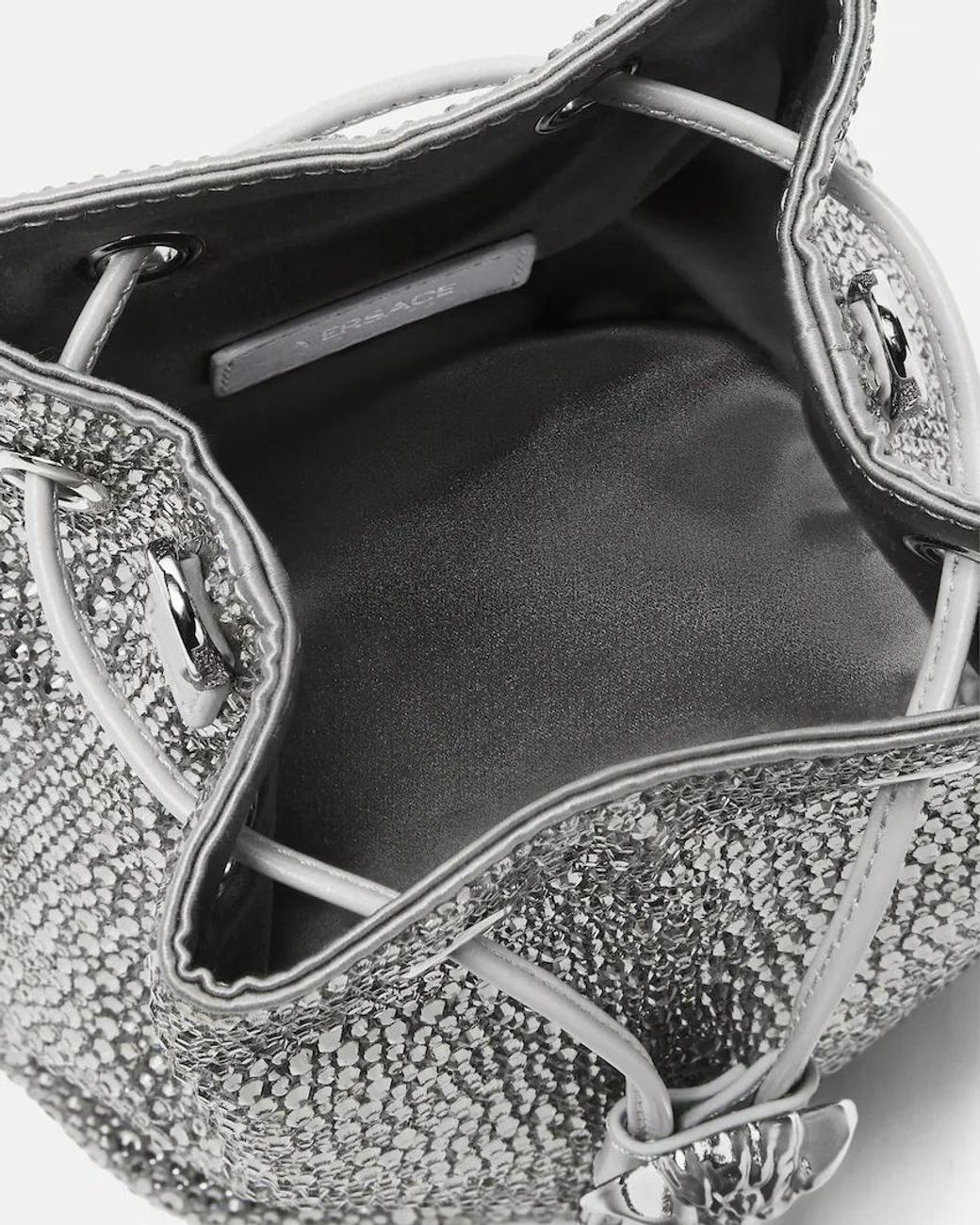 Versace Gray La Medusa Embellished Satin Mini Bucket Bag