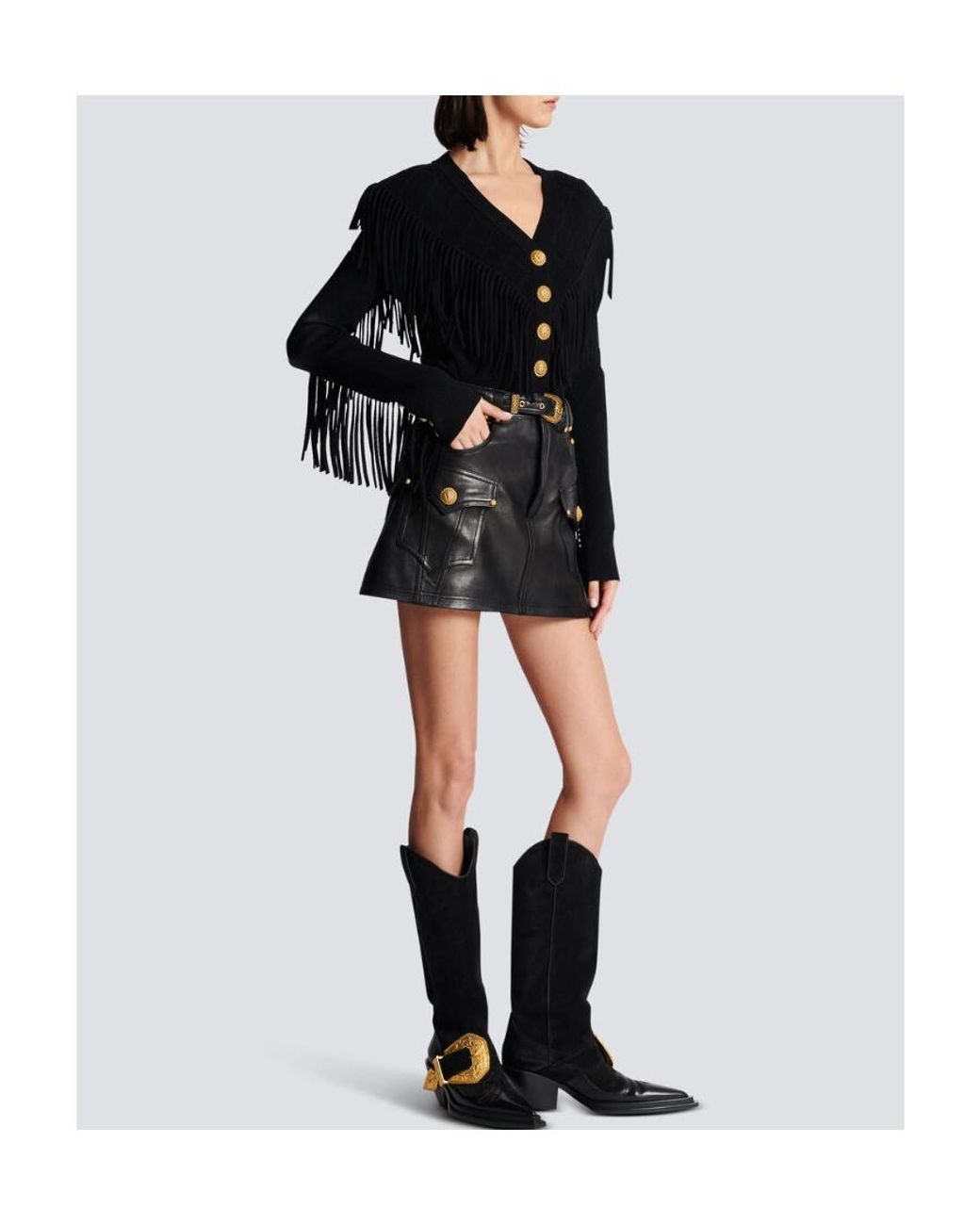 Balmain Black Western Leather A-Line Skirt