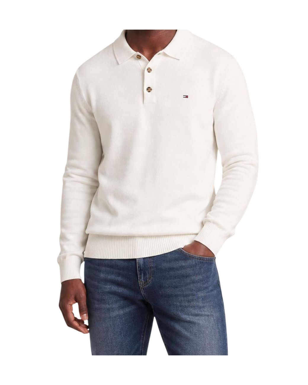 Tommy Hilfiger White Logo-Patch Long-Sleeve Polo Shirt for men