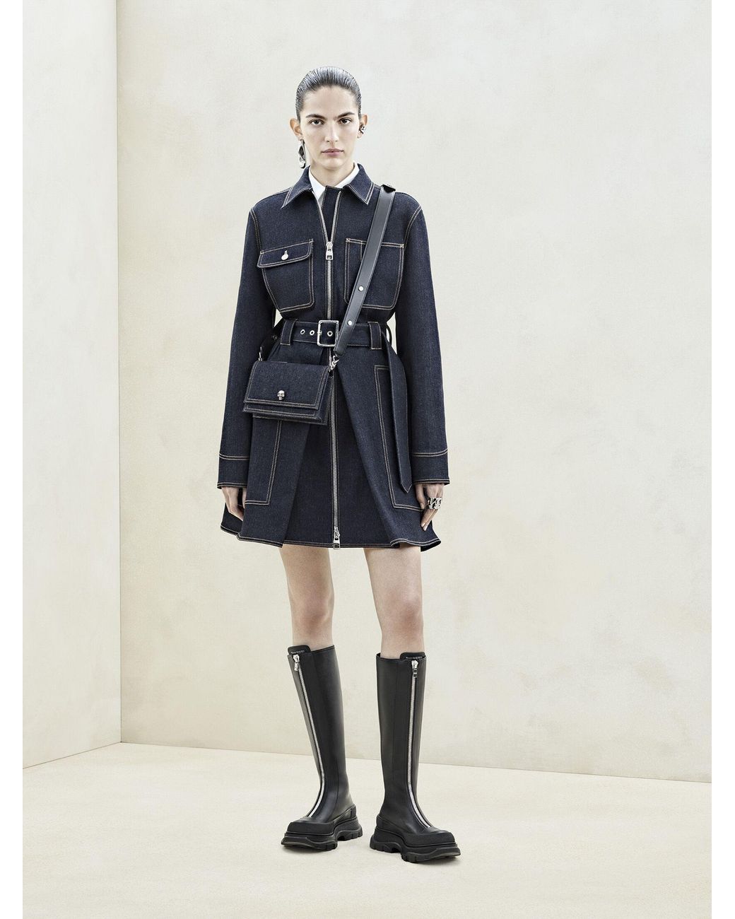 McQueen Black Tread Slick Front-Zipped Boots