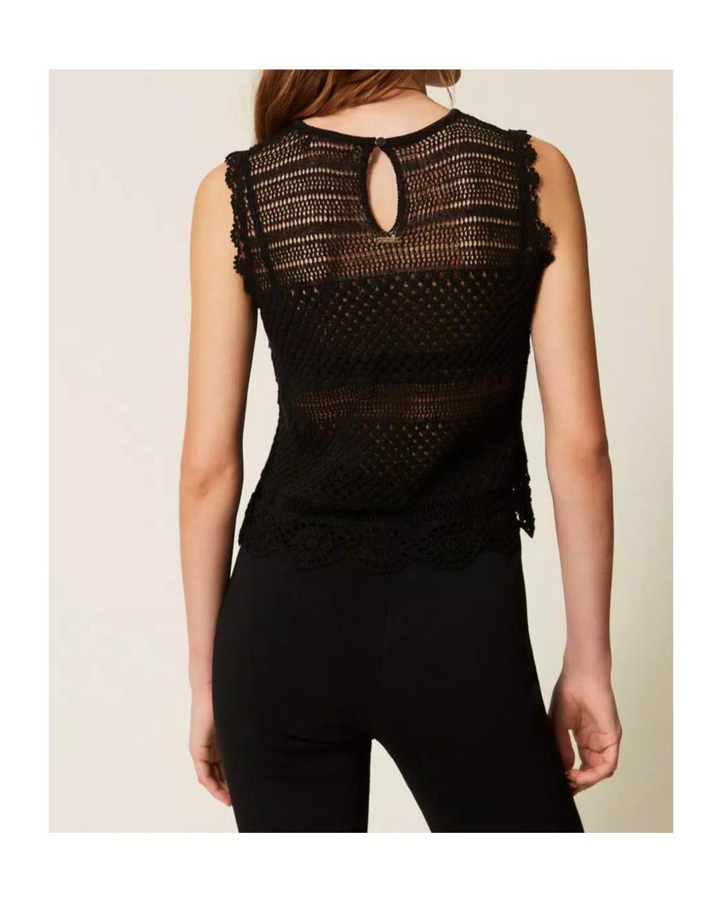 Twinset Black Crochet Rhinestone Knitted Top
