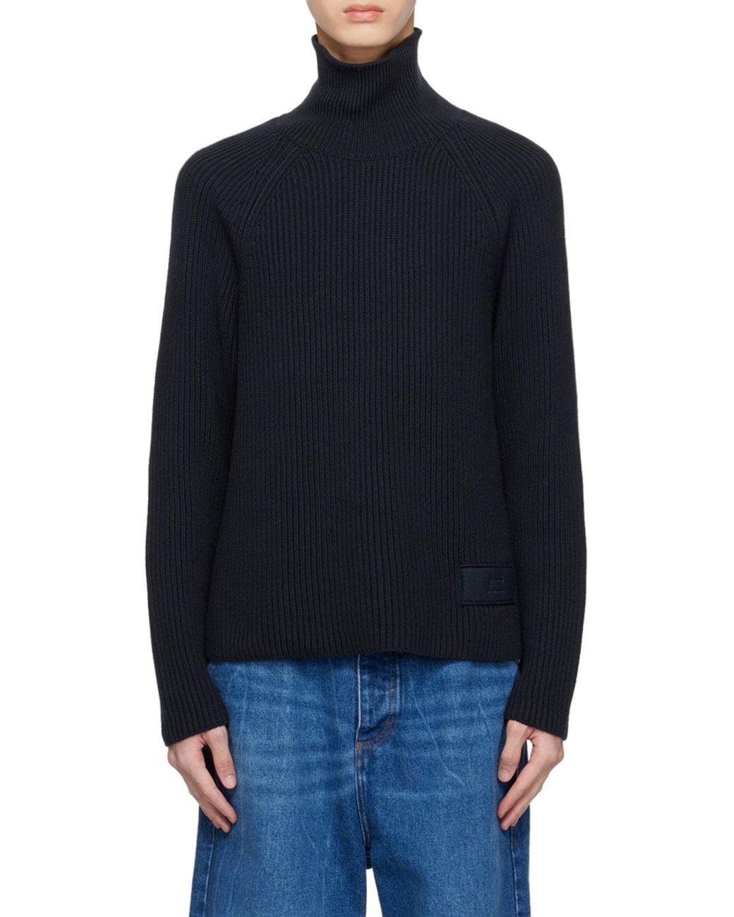 AMI Blue High Neck Ribbed Jumper for men