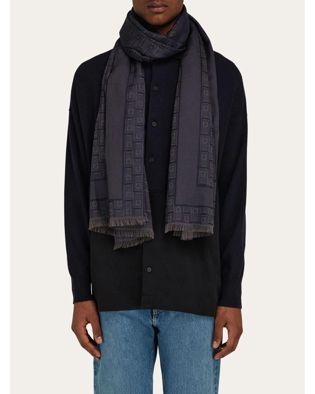 Ferragamo Blue Ferragamo Monogram Jacquard Frayed Scarf for men