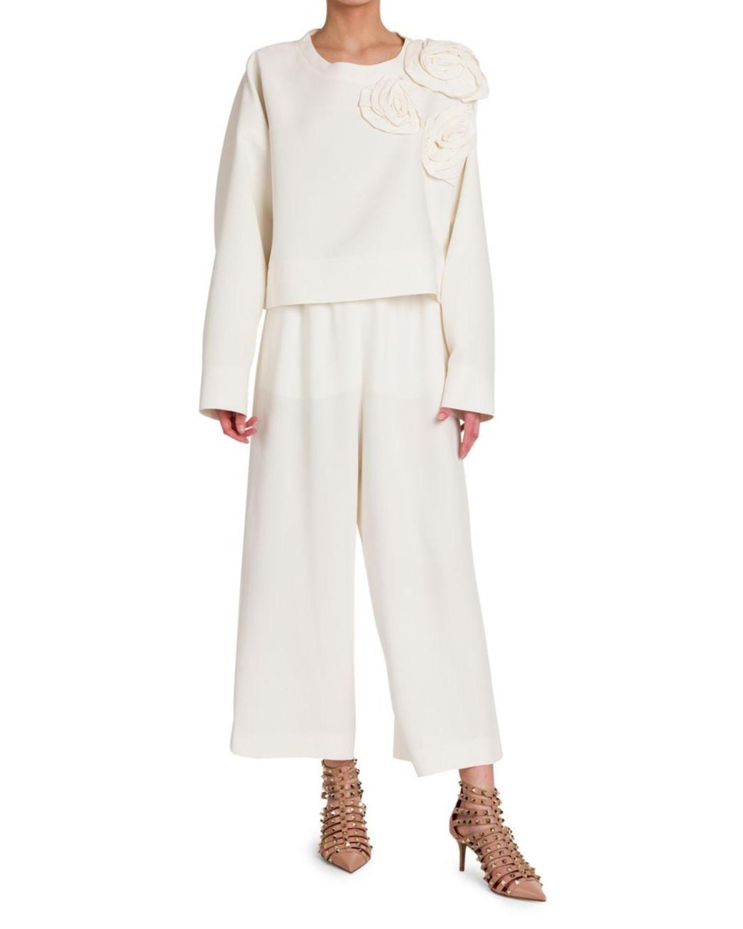 Valentino White Floral-Appliqué Long-Sleeve Top