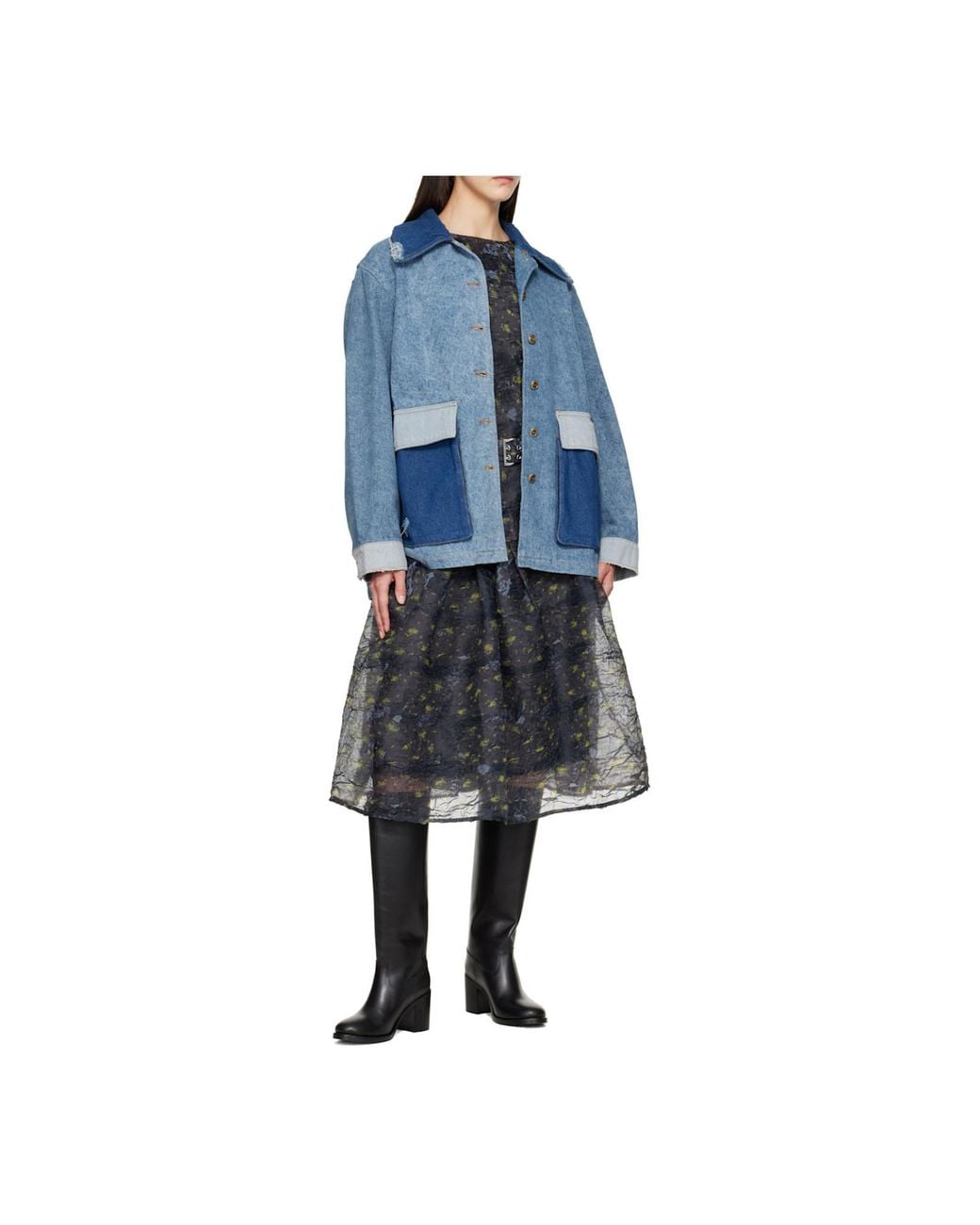 Ganni Blue Patchwork Midi Denim Jacket