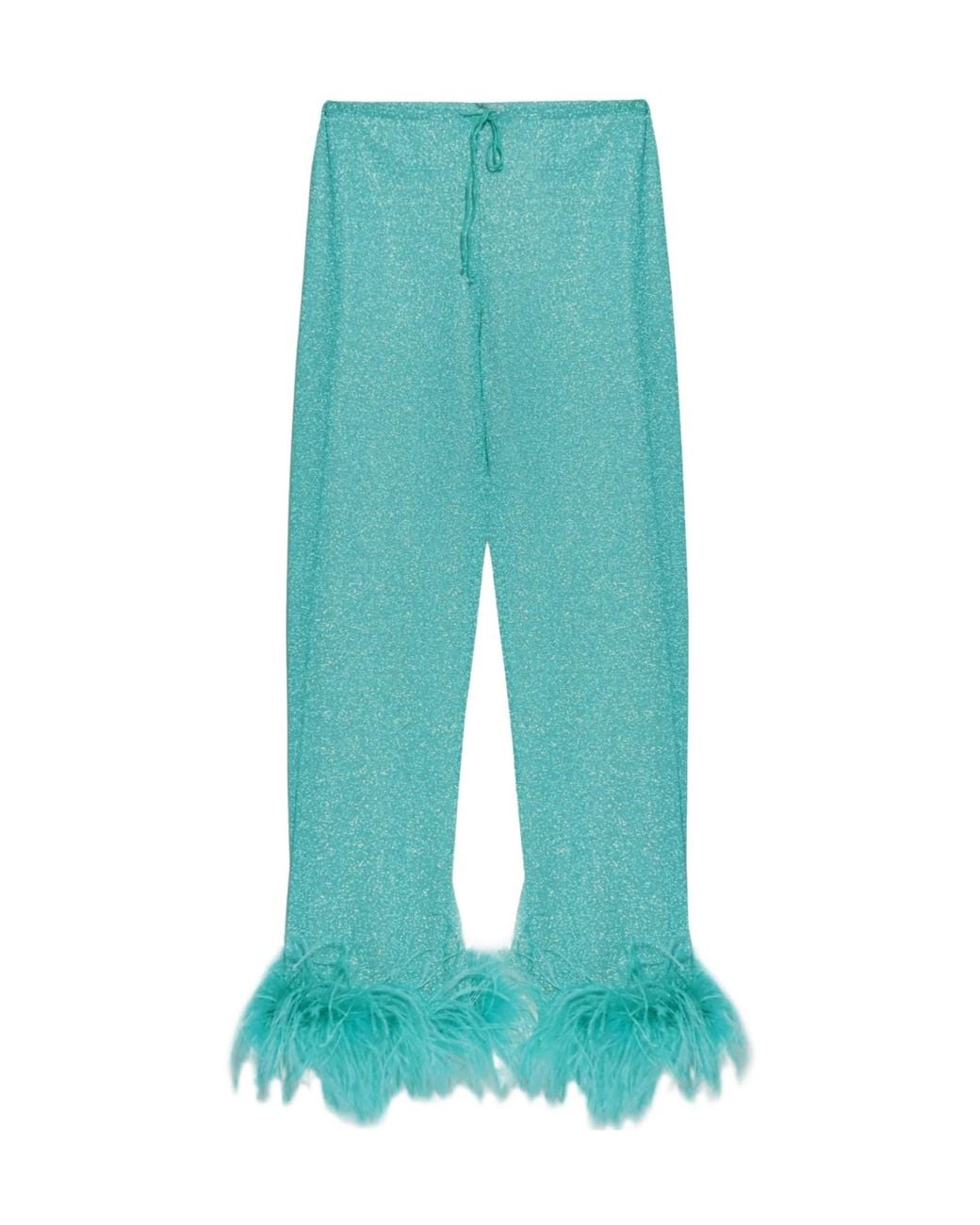 Oseree Blue Feather-Trimmed Straight-Leg Trousers