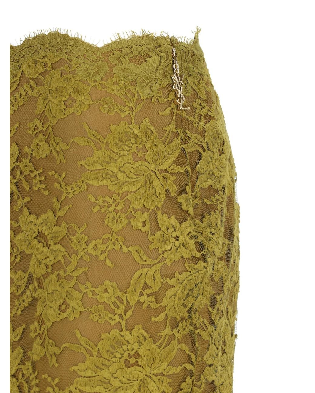 Saint Laurent Green Slit Detailed Lace Skirt
