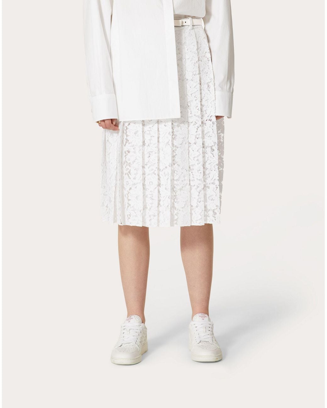 Valentino White Floral-Lace Pleated Skirt