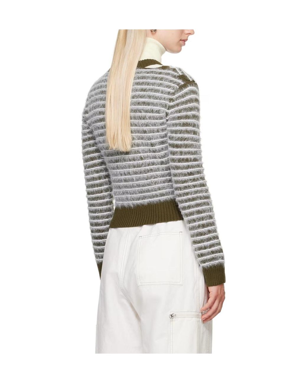 MM6 by Maison Margiela White Striped Round Neck Sweater