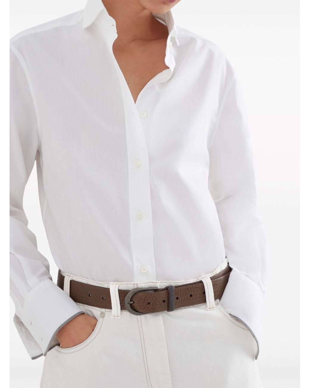 Brunello Cucinelli White Long-Sleeved Button-Up Shirt