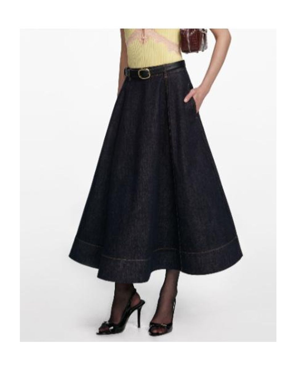 Self-Portrait Black Denim Flared Midi Skirt