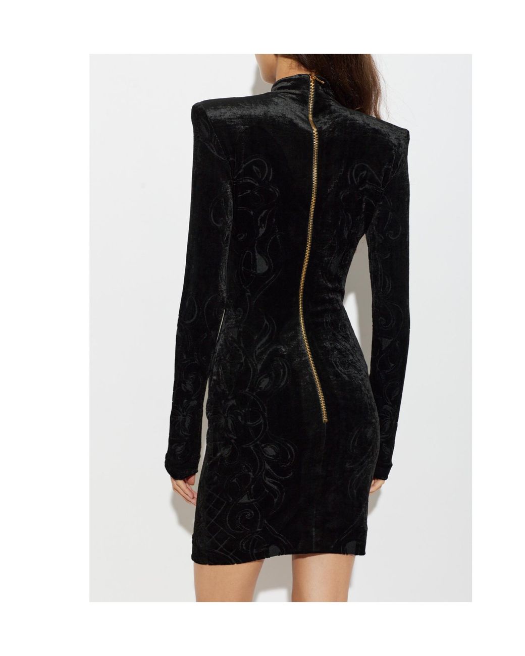 Balmain Black Flocked Velvet Turtleneck Dress