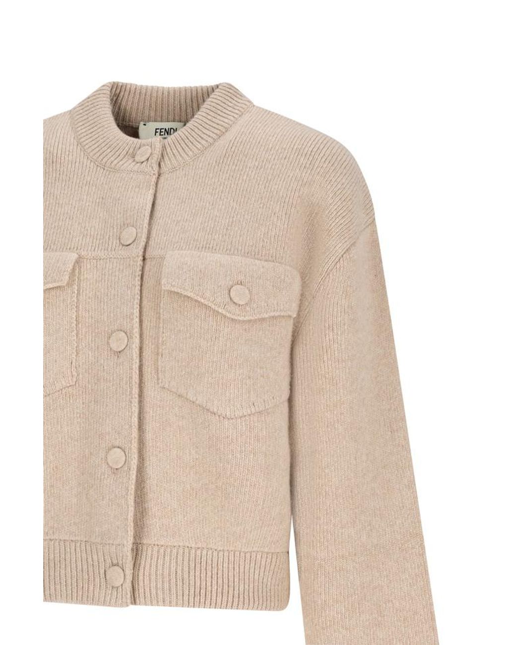 Fendi Natural Button-Up Knitted Crewneck Cardigan