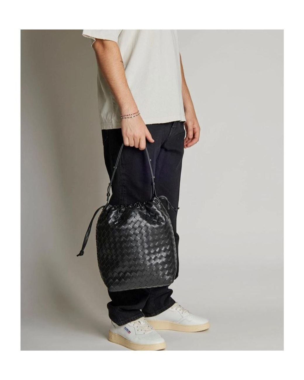 Bottega Veneta Black Intrecciato Drawstring Bucket Bag for men