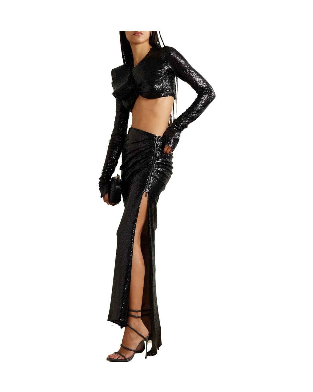 Maticevski Black Cropped Ruffled Sequined Mesh Top