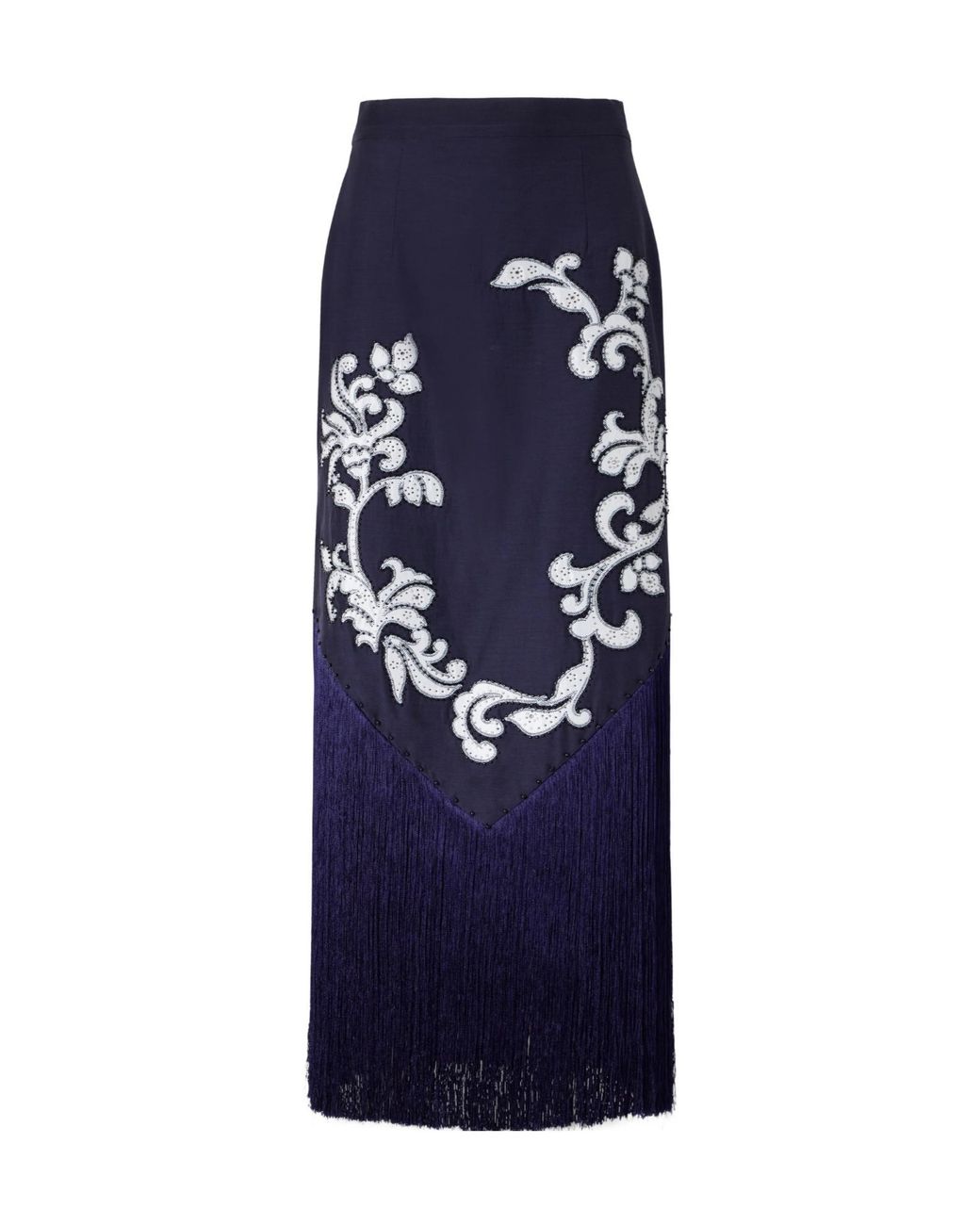 ALÉMAIS Blue Dillon Crystal And Bead-Embellished Fringed Appliquéd Satin Midi Skirt
