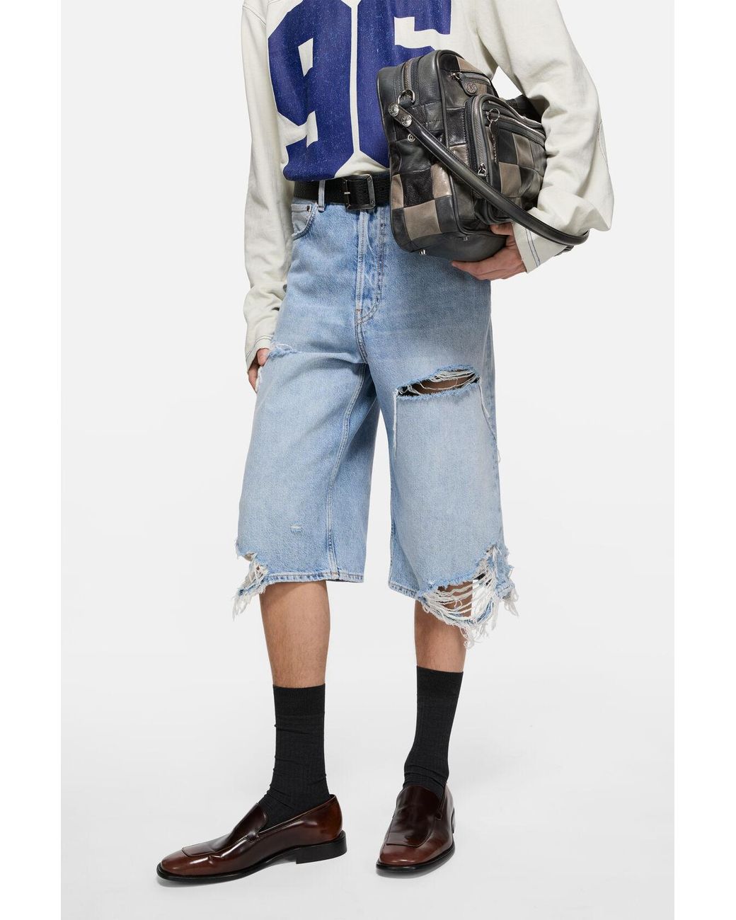 Acne Blue Distressed Denim Shorts for men