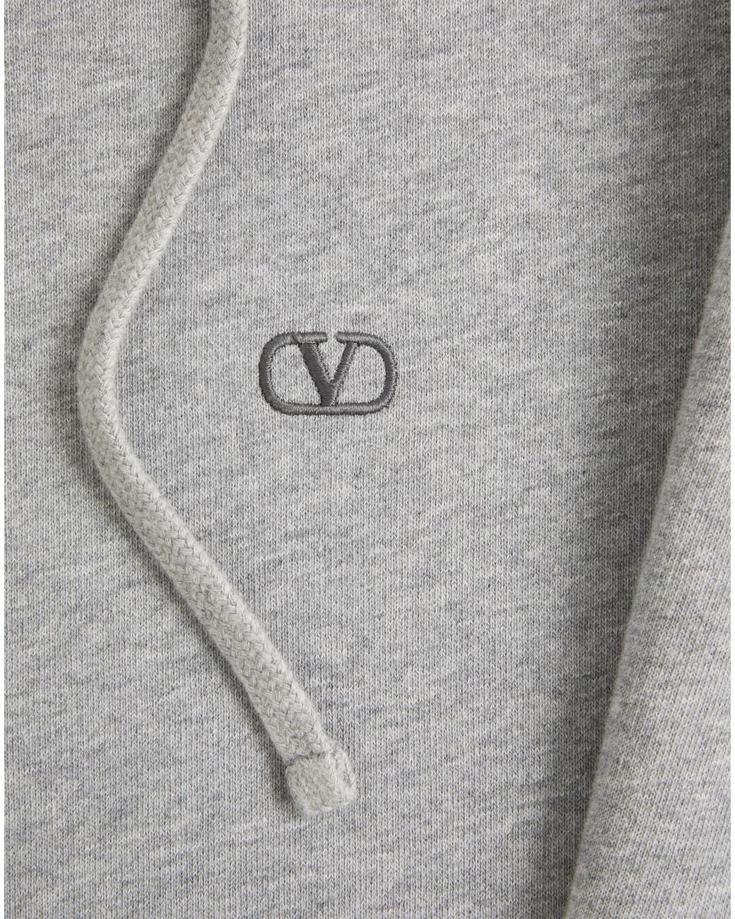 Valentino Gray Vlogo Embroidered Drawstring Hoodie for men