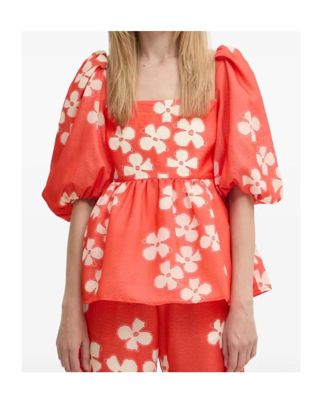 Stine Goya Red Square-Neck Floral-Pattern Blouse