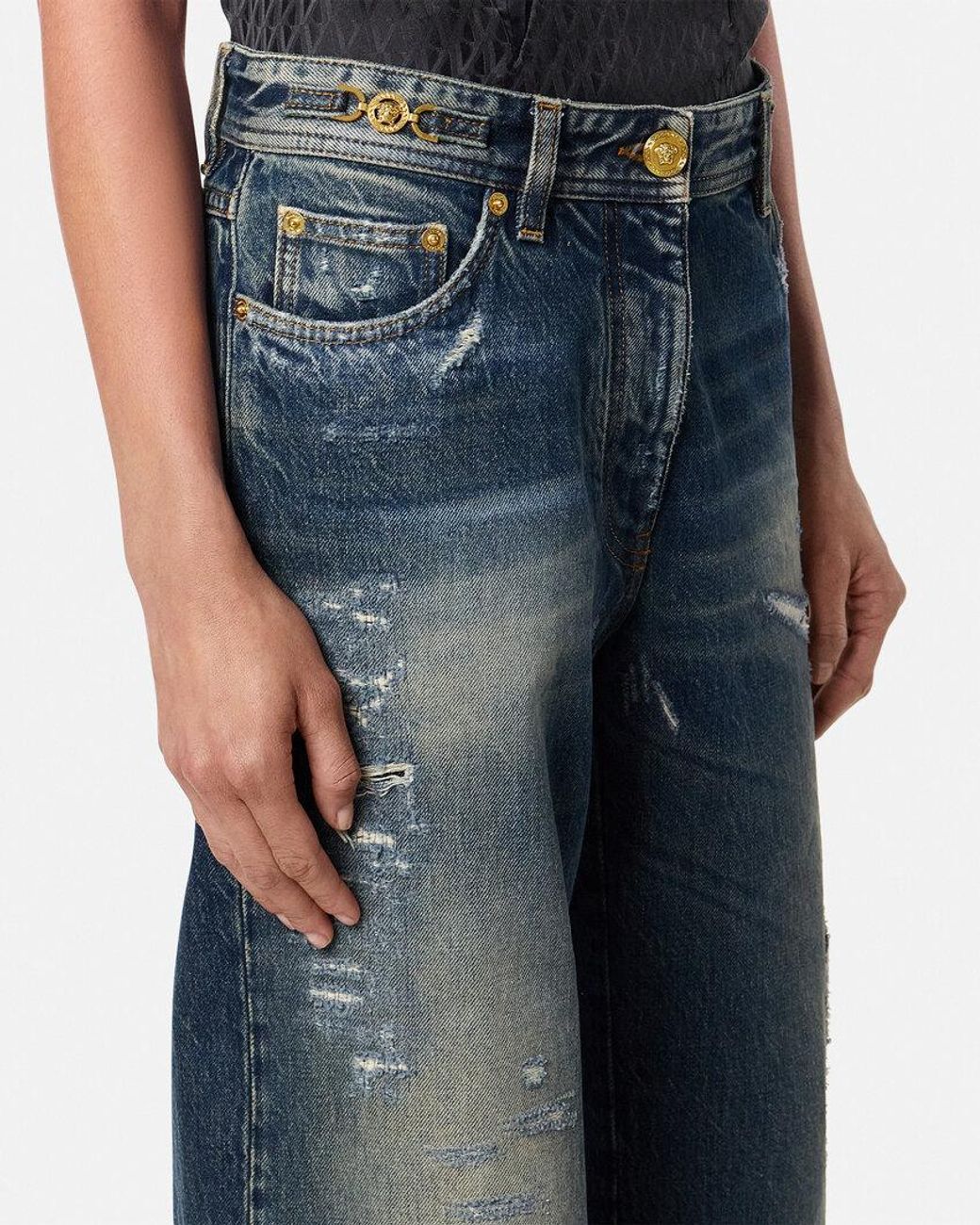 Versace Blue Logo-Patch Distressed Jeans