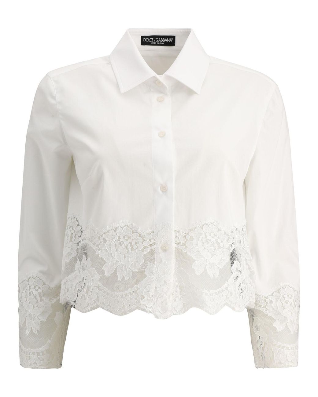 Dolce & Gabbana White Lace Detailed Cropped Poplin Shirt