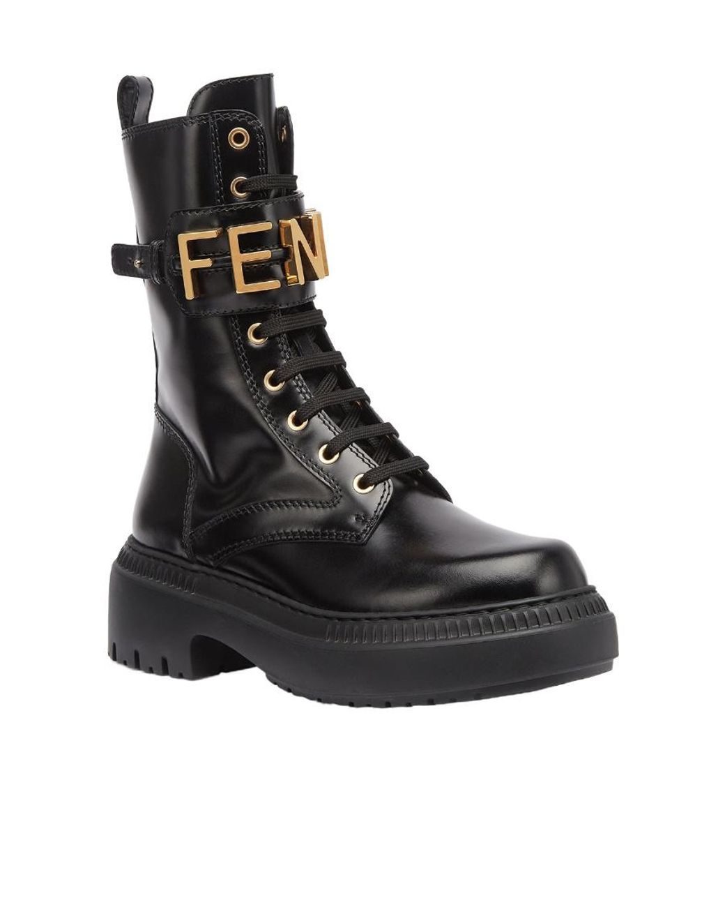 Fendi Black Logo Plaque Lace-Up Biker Boots
