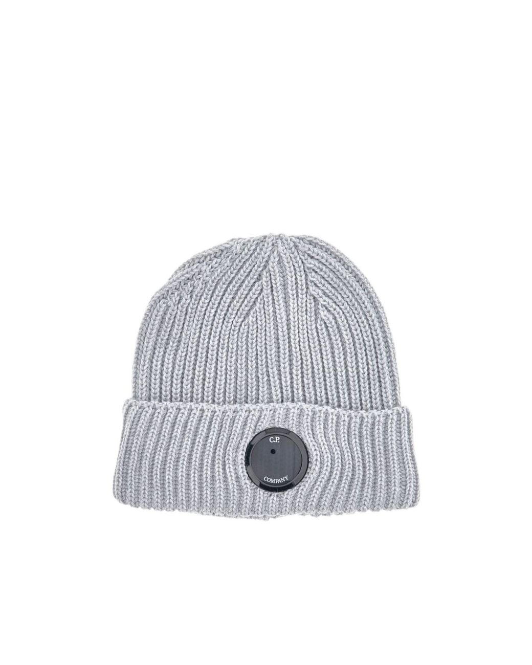 C P Company White Logo Plaque Knit Beanie for men
