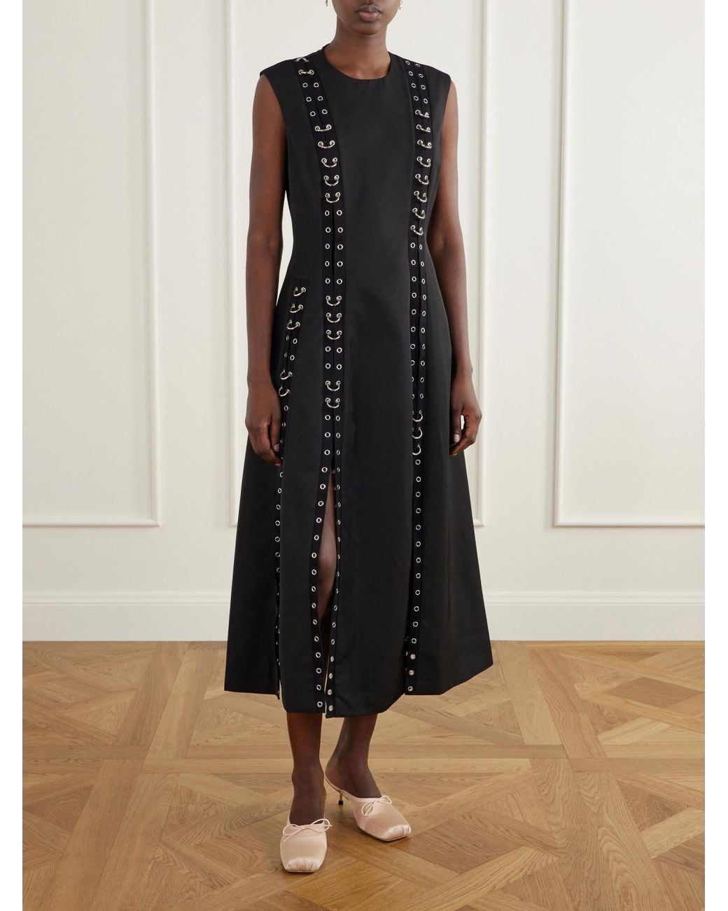 Simone Rocha Black Embellished Twill Midi Dress