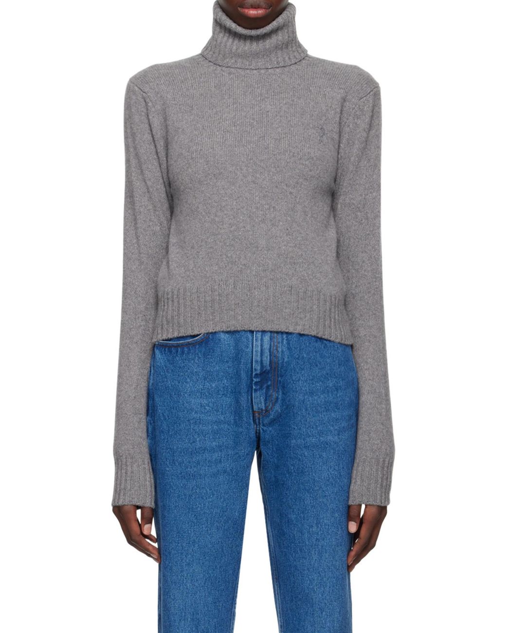 AMI Gray Cropped Cashmere Turtleneck Sweater With Ribbed Details