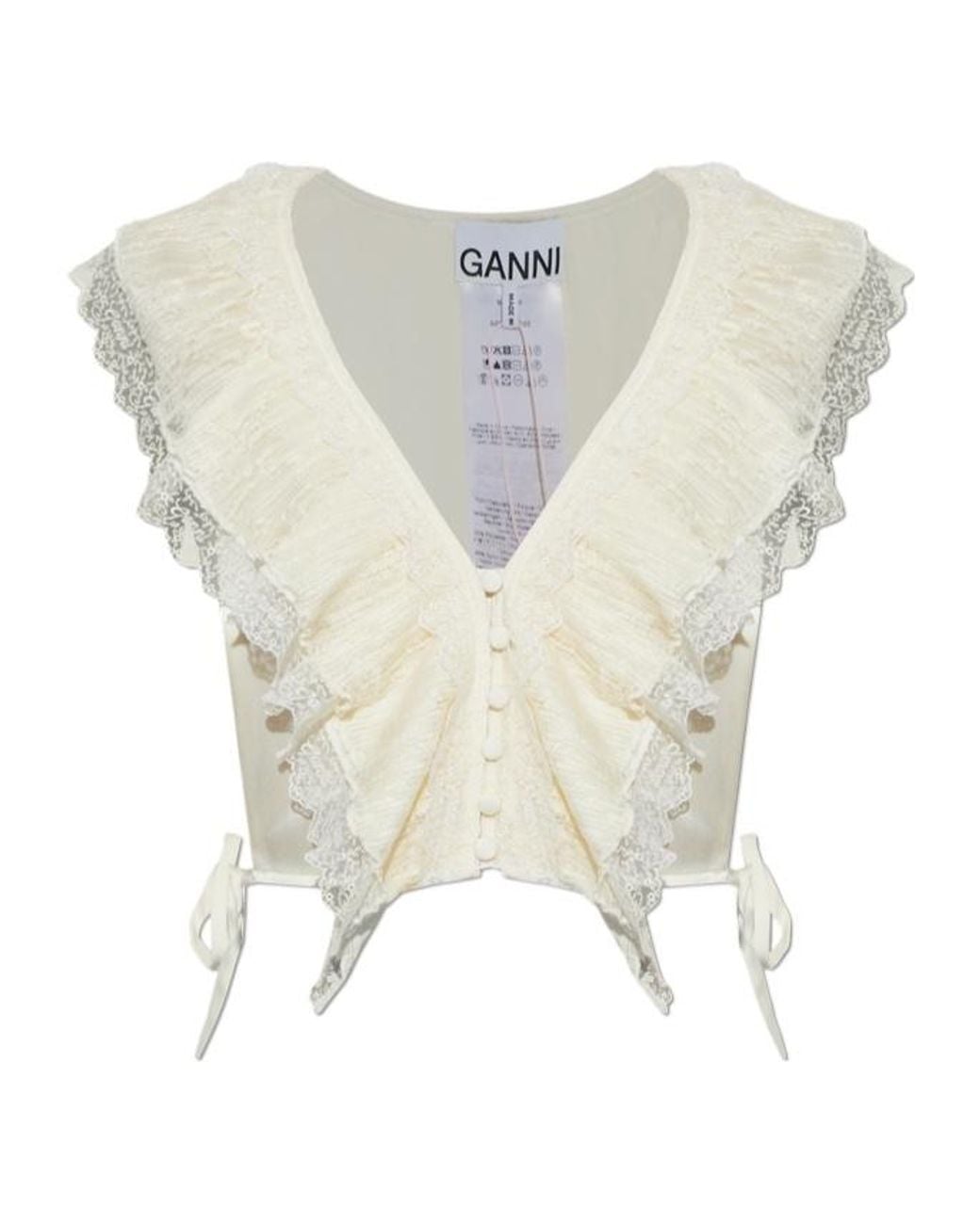 Ganni White Ruffled Lace-Trim Top