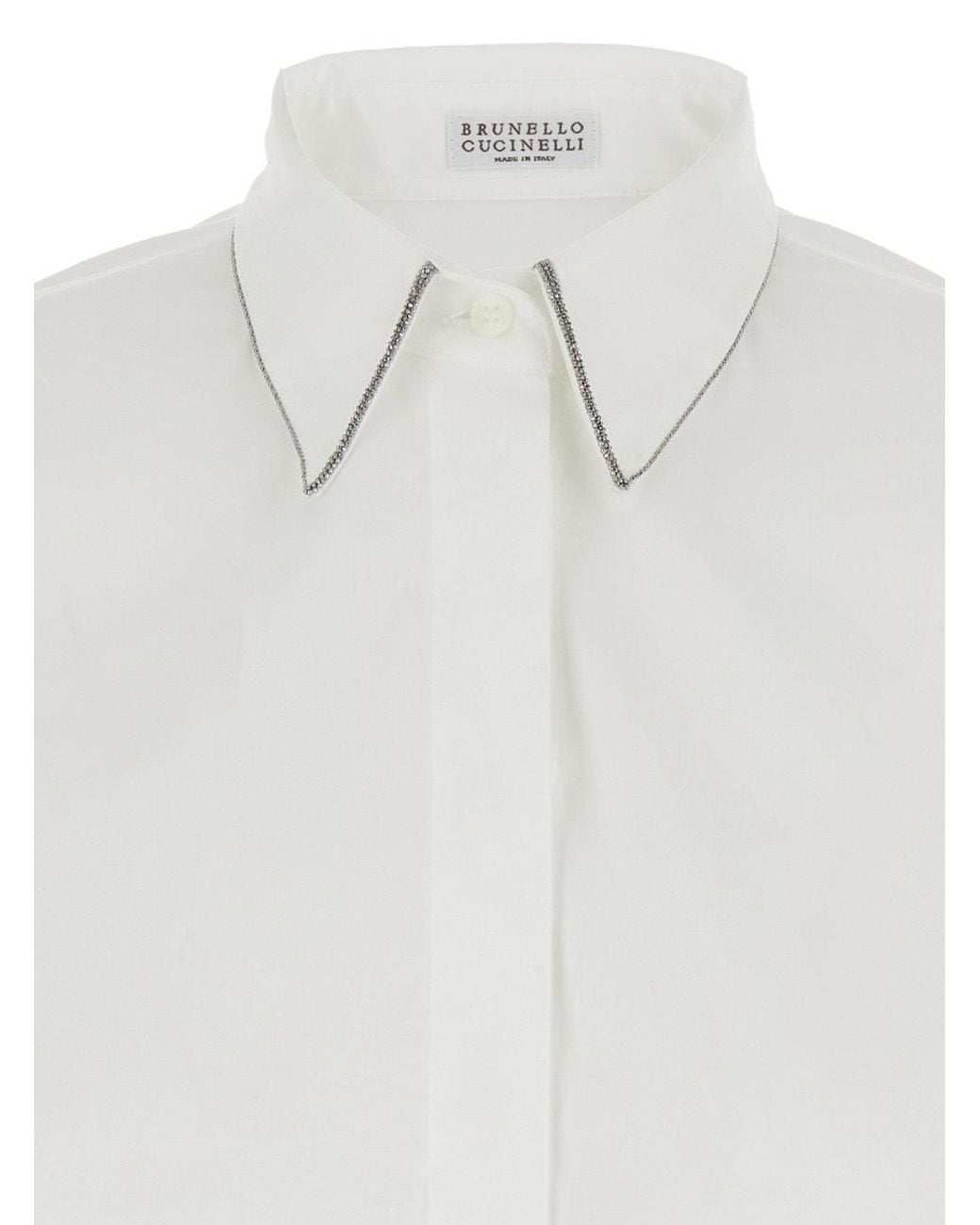 Brunello Cucinelli White Shirt With Pointed Collar And Monil Detail On The Collar