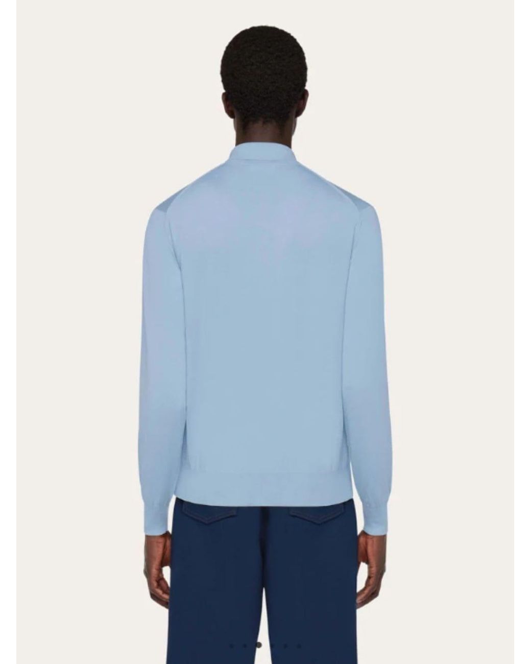 Ferragamo Blue Ferragamo Logo-Embroidered Long-Sleeved Knitted Polo Shirt for men