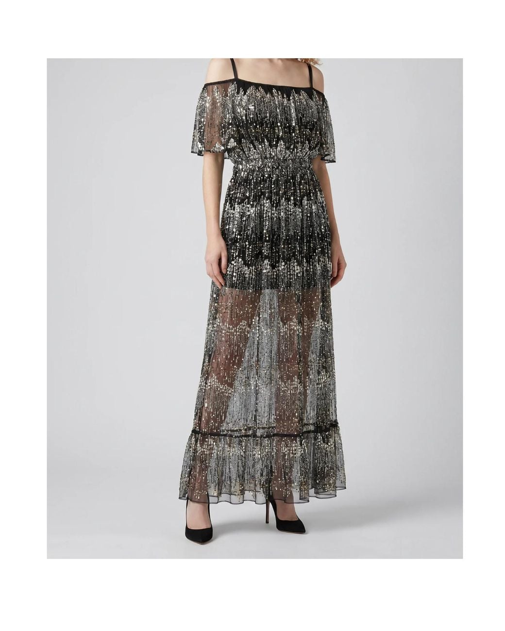 Rabanne Gray Sequin-Embellished Cold-Shoulder Maxi Dress
