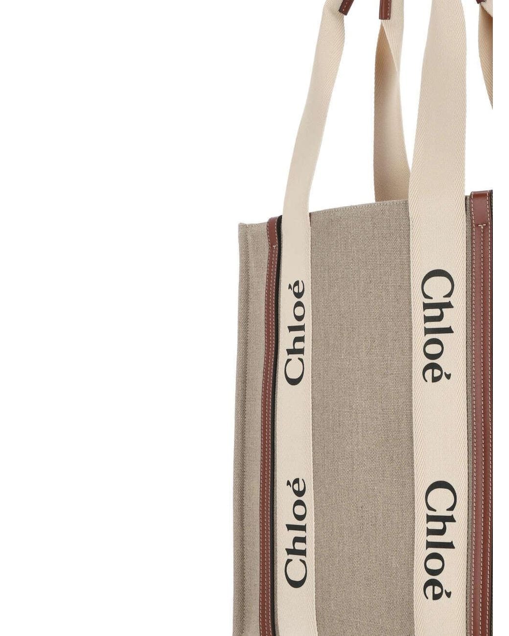 Chloé Natural Chloé Woody Logo Embroidered Tote Bag