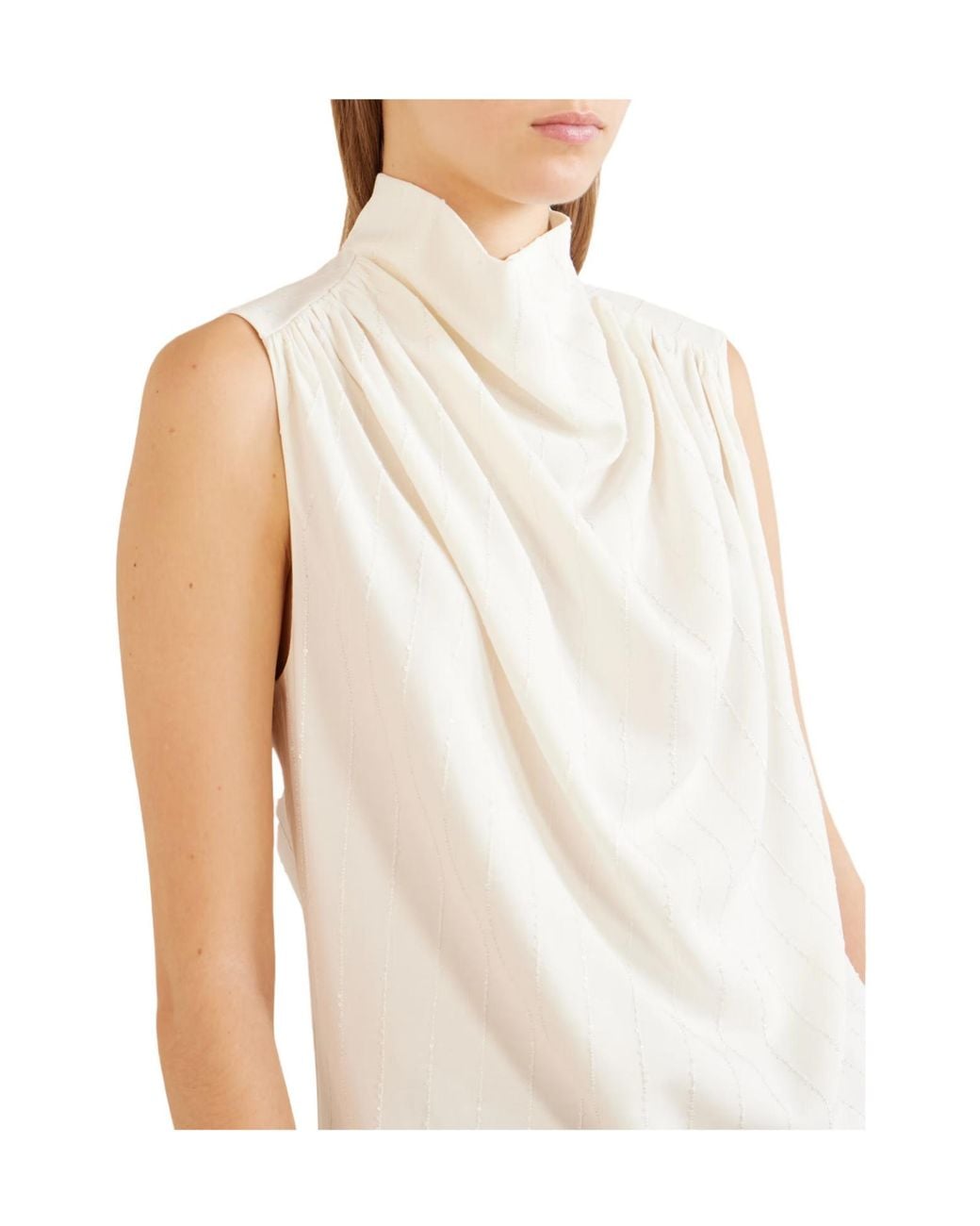 Kallmeyer White Sequined Ruched Striped Twill Top