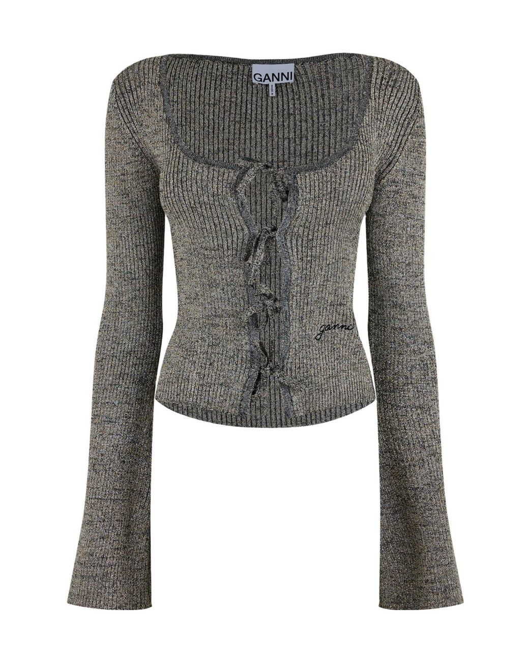 Ganni Gray Long-Sleeve Ribbed Knit Top