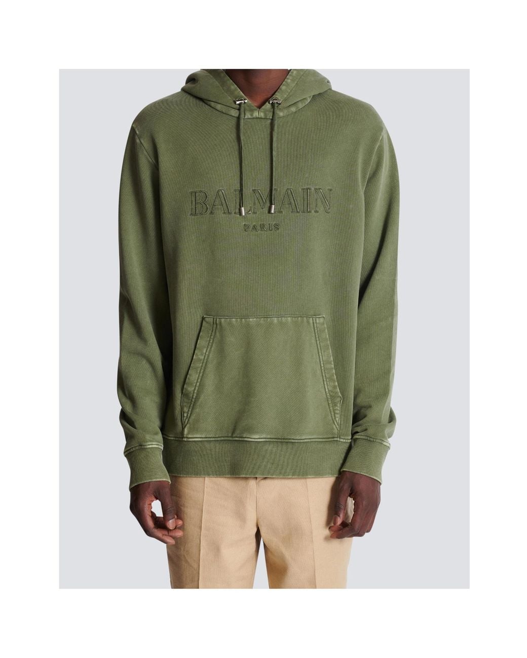 Balmain Green Logo Embroidered Vintage Drawstring Hoodie for men