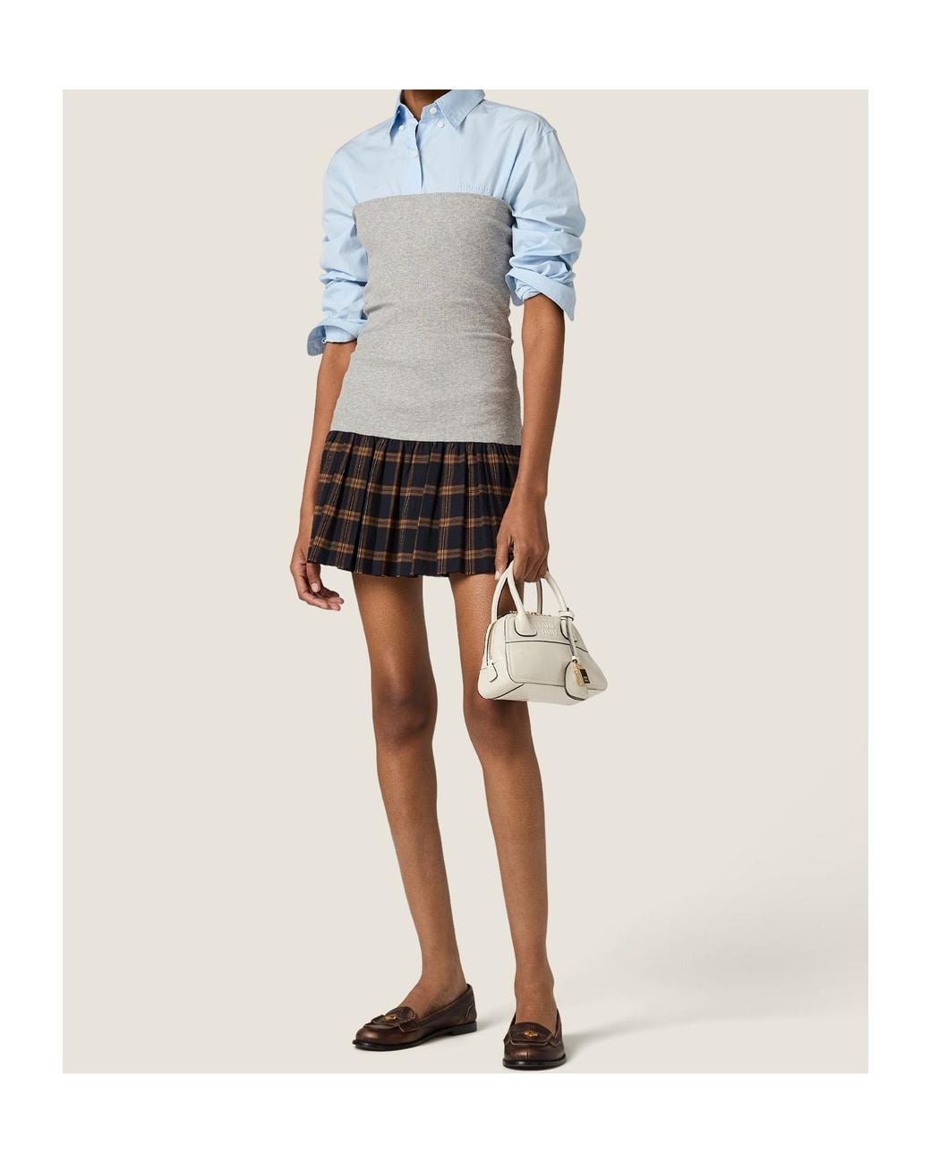Miu Miu Gray Ribbed Knit And Checked Flannel Skirt