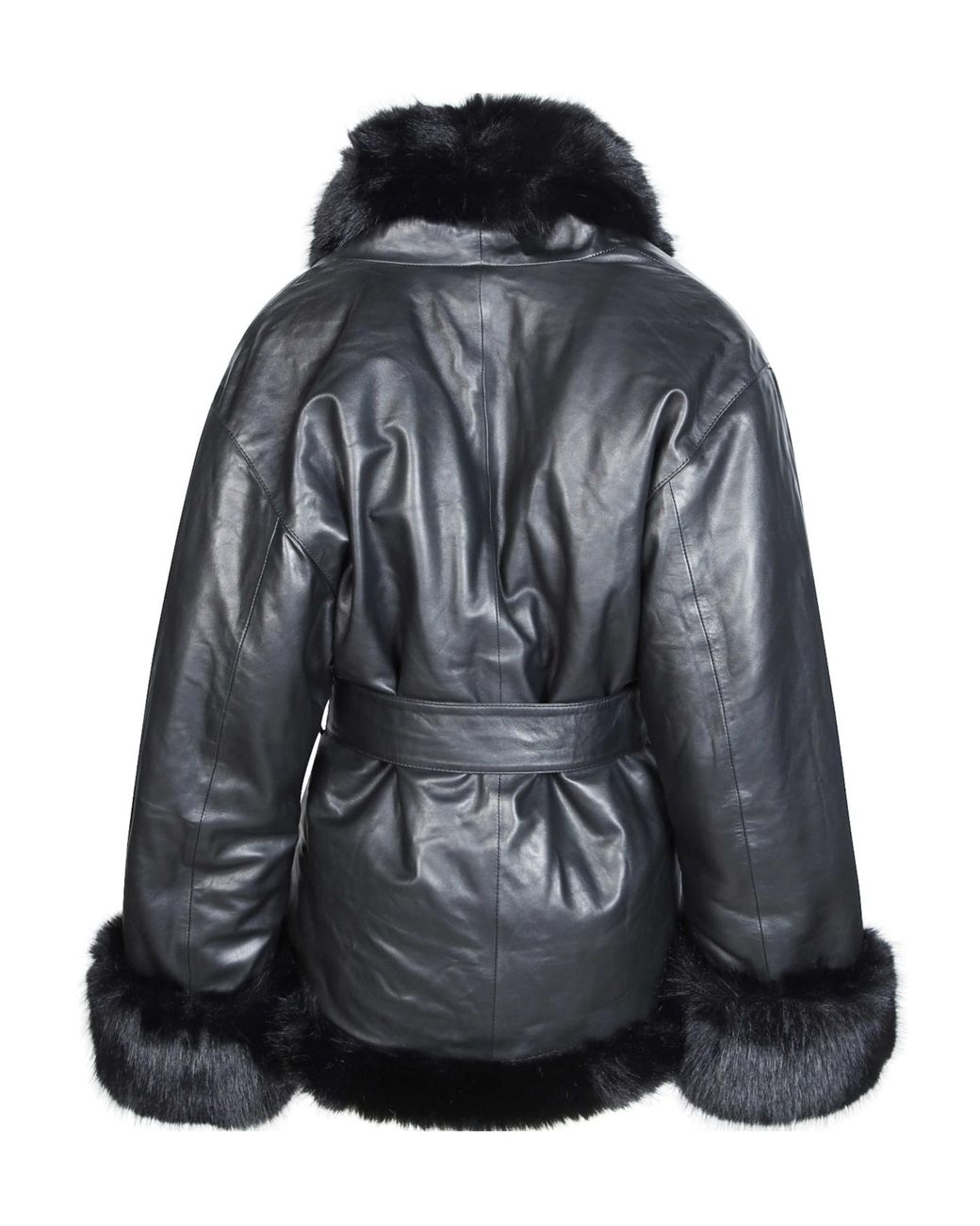 ROTATE BIRGER CHRISTENSEN Black Belted Faux Fur Trim Leather Jacket