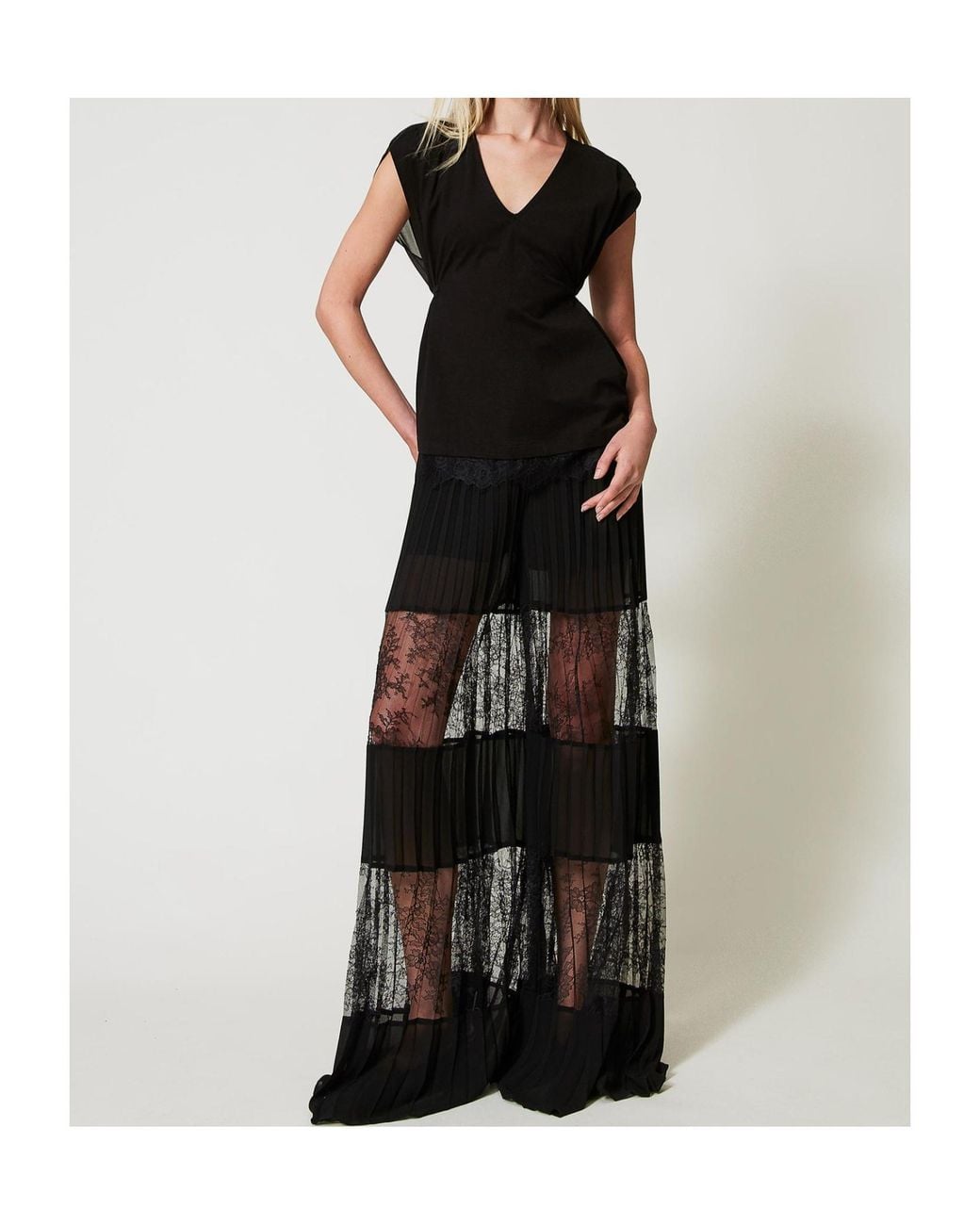 Twinset Black Lace Pleated Georgette Trousers