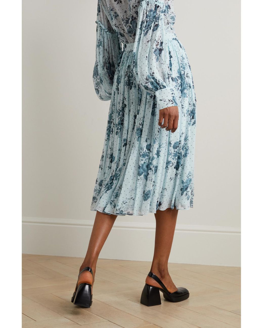 Erdem Blue Pleated Printed Crepon Midi Skirt