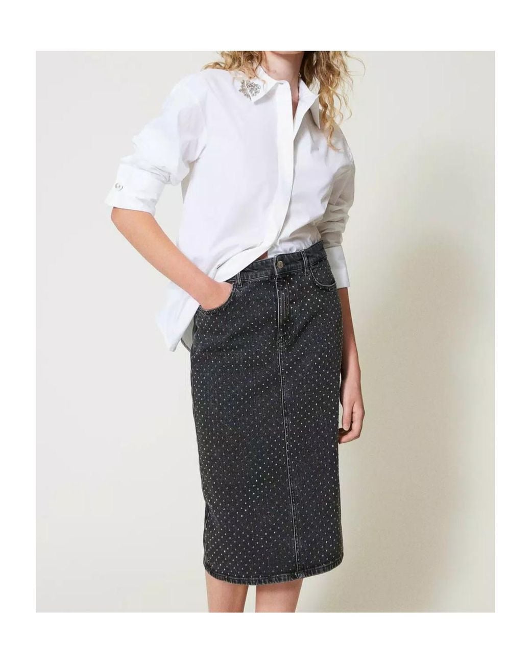 Twinset Black Crystal-Embellished Midi Skirt