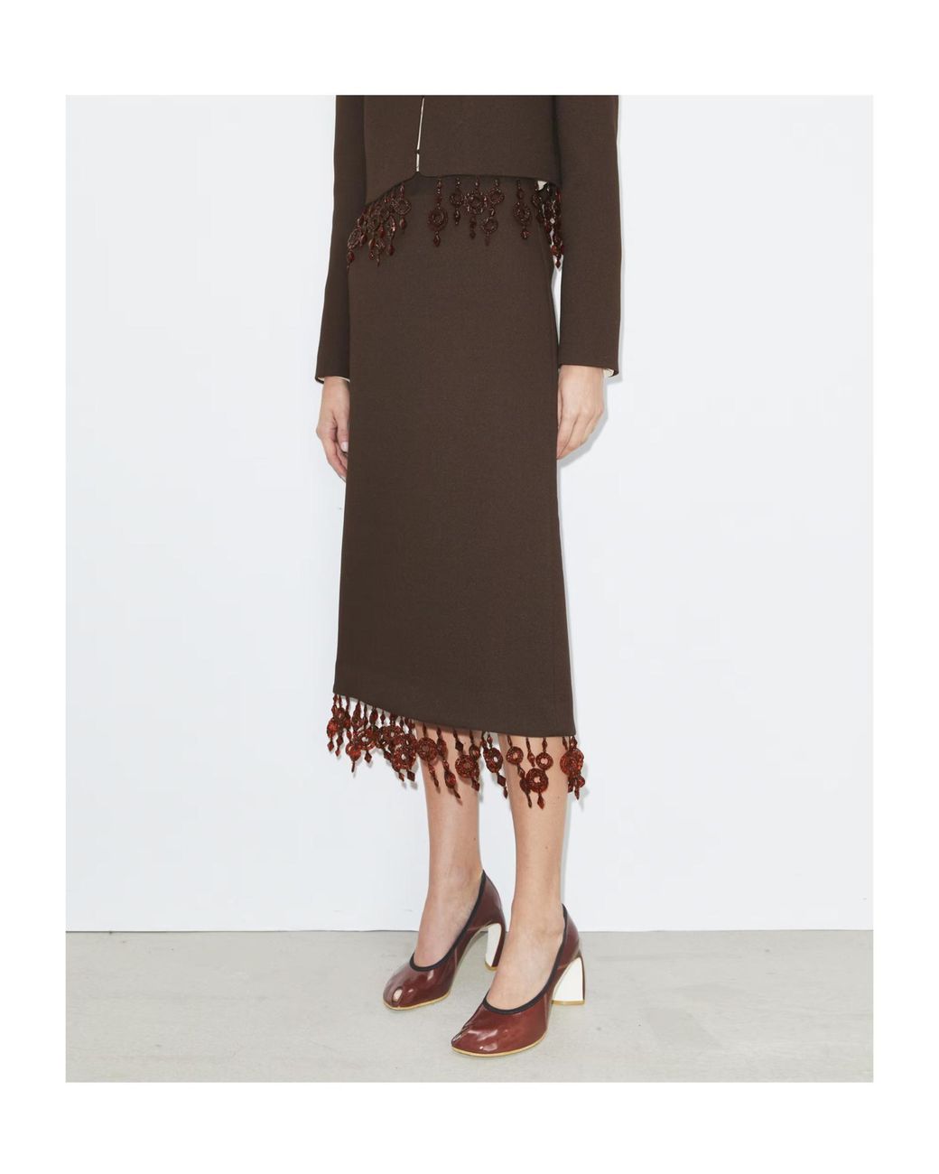 Tory Burch Brown Embellished Crepe Midi Skirt