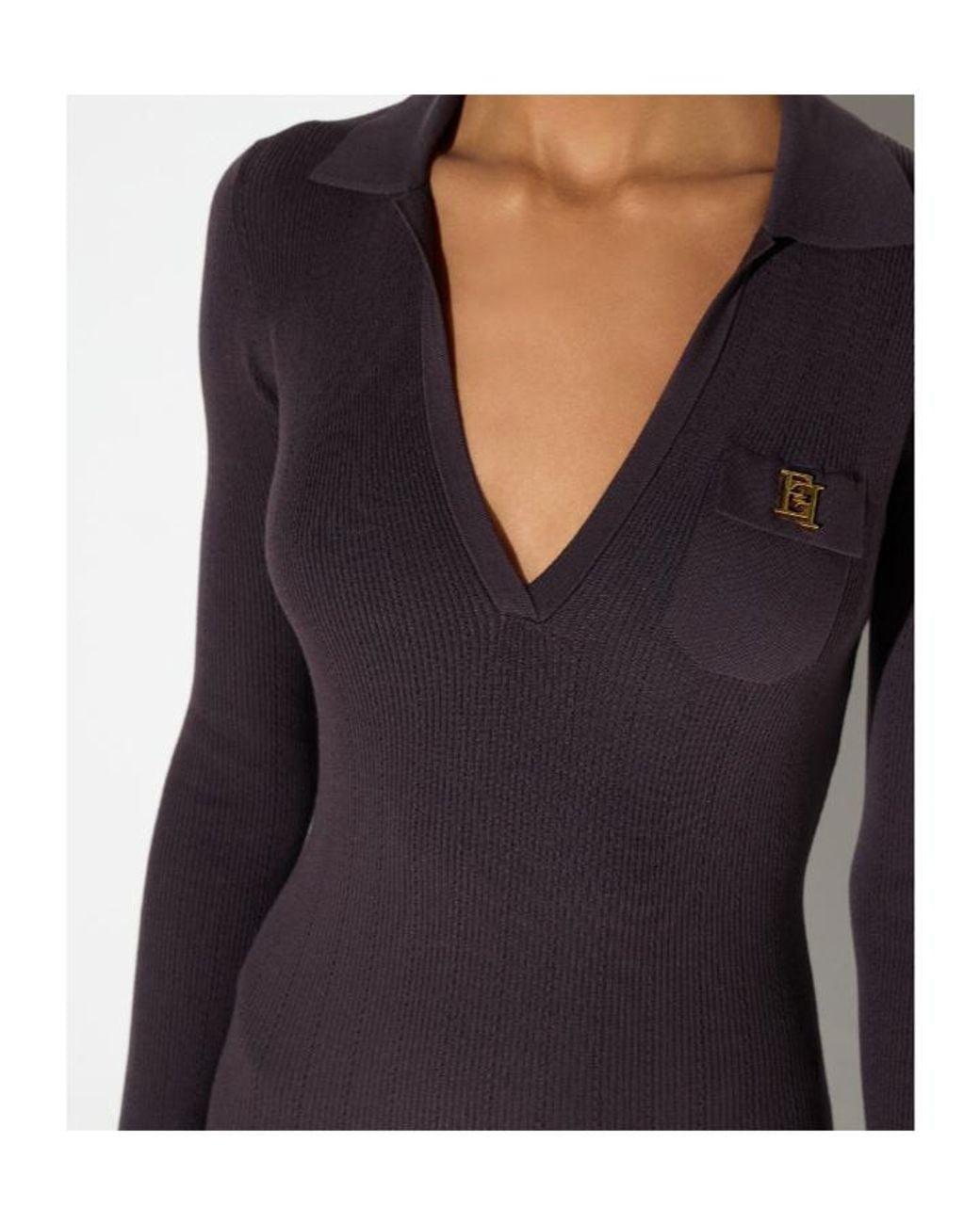 Elisabetta Franchi Blue V-Neck Ribbed Midi Dress