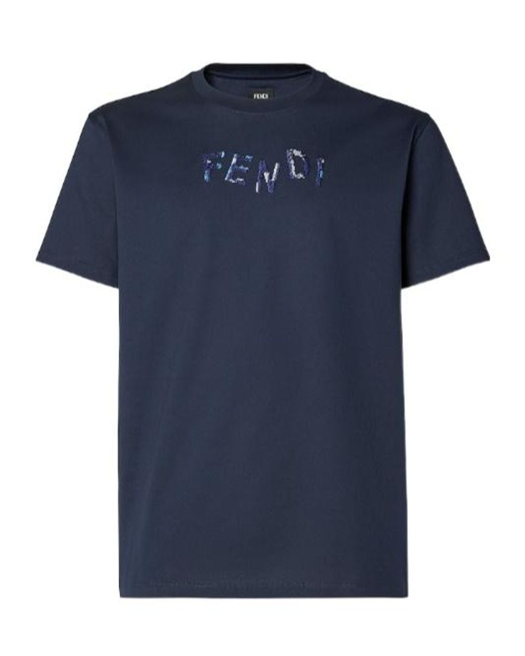 Fendi Blue Logo Embroidered Crewneck T-Shirt for men