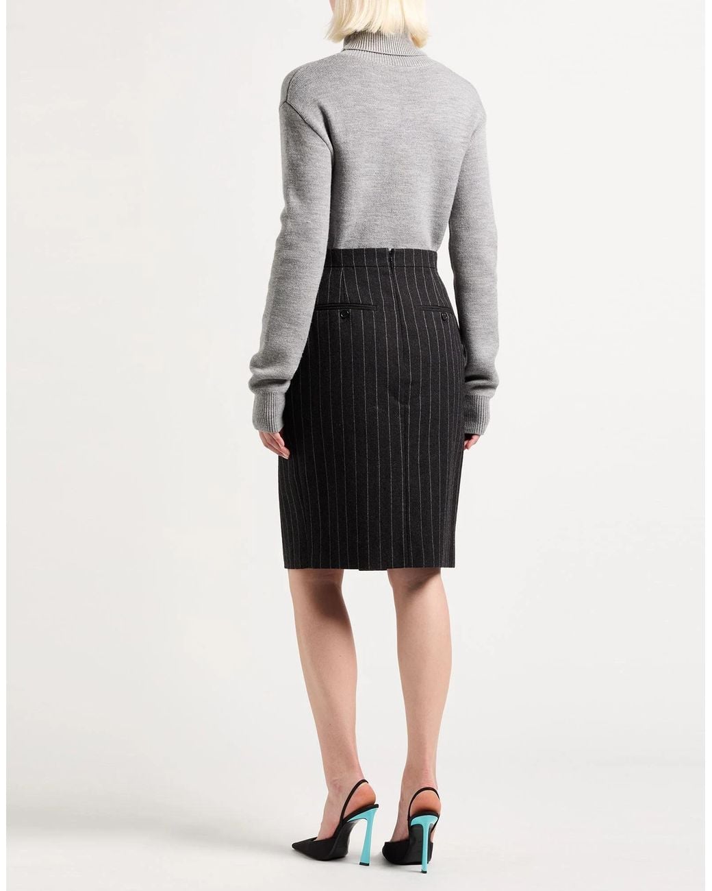 Saint Laurent Black Striped Wool Midi Skirt