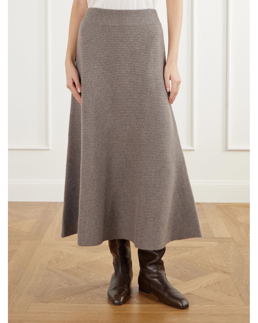 Lisa Yang Brown Ribbed Cashmere Midi Skirt