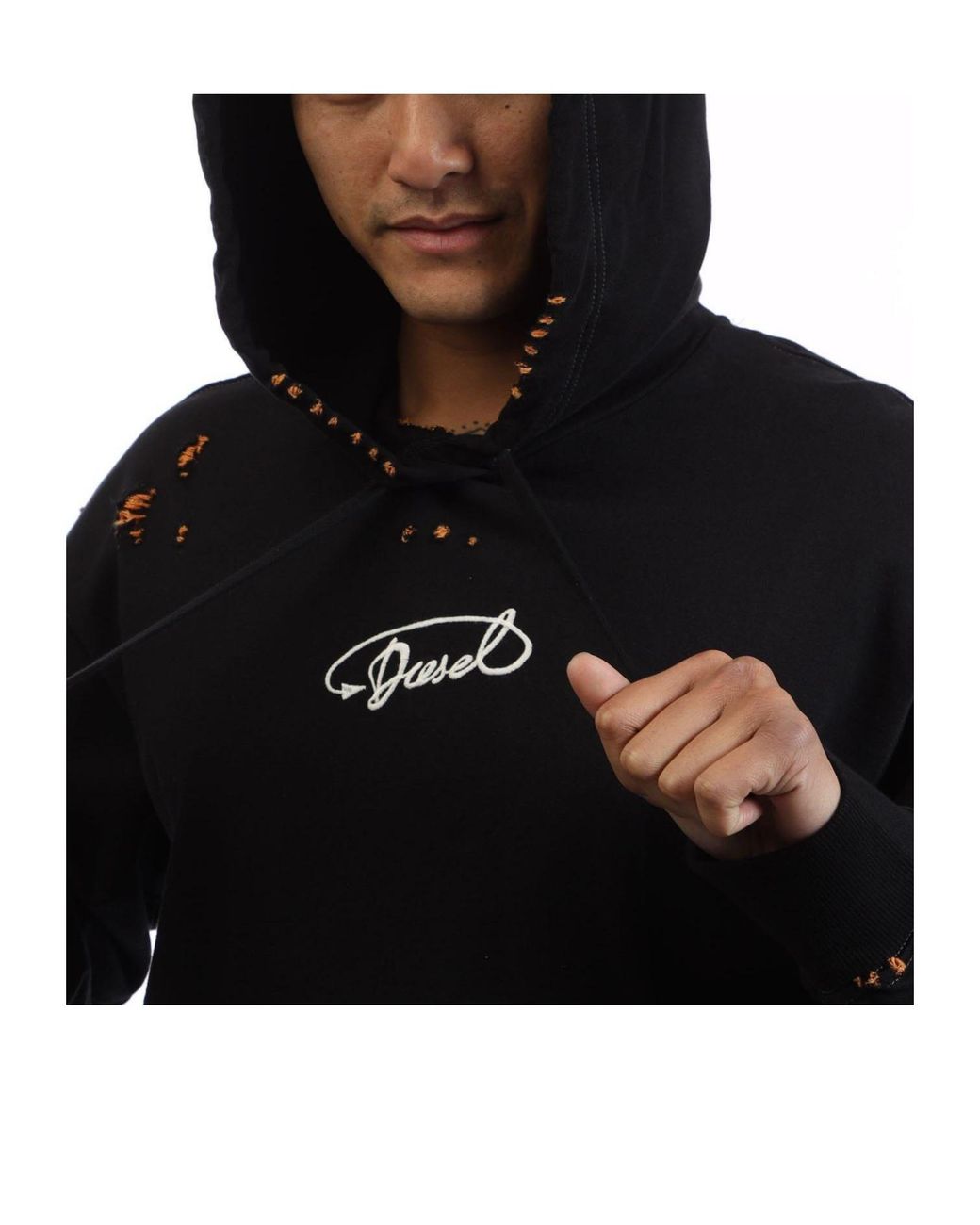 DIESEL Black Distressed Embroidered Hoodie for men